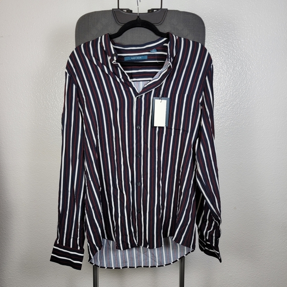 Perry Ellis Long Sleeve Viscose Button Up Mens Size M Dark Sapphire Striped - Picture 1 of 7
